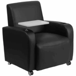Flash Furniture Black Leather Guest Chair With Tablet Arm, Front Wheel Casters And Cup Holder