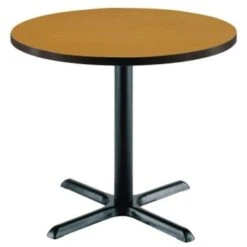 Kfi 36" Round Pedestal Table Medium Oak High Pressure Laminate Top, Iron Base