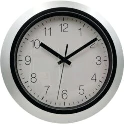 Round Plastic Wall Clock 12 Inch, Silver, White Face, Black Dial