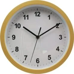 Round Plastic Wall Clock 10 Inch, Faux Wood, White Face, Black Dial