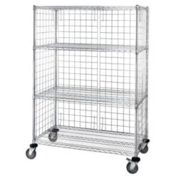Quantum Storage Systems® Chrome Wire 3 Sided 4 Shelf Cart With Enclosure Panels 21wx36lx63h