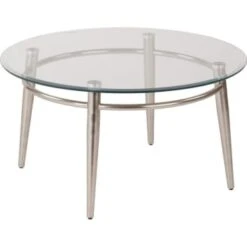 Worksmart Round Clear Tempered Glass Coffee Table With Metal Frame, Nickel Brush