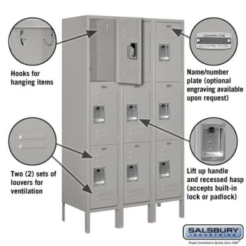 Salsbury Industries® Gray-12 Inch-Triple Tier Metal Locker 5 Feet X 15 Inches 4 Salsbury Industries® Gray-12 Inch-Triple Tier Metal Locker 5 Feet X 15 Inches - Image 2