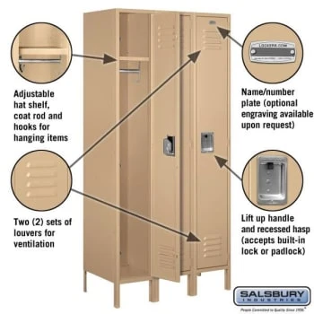 Salsbury Industries® Single Tier- Tan Standard Metal Locker 6 Feet X 18 Inches 4 Salsbury Industries® Single Tier- Tan Standard Metal Locker 6 Feet X 18 Inches - Image 2