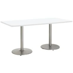 Kfi 36" X 72" Pedestal Table W/designer White Top, White Edge, Round Silver Ba
